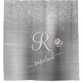 Elegant Grey Sparkle Custom Monogram Roze Rose Douchegordijn (Voorkant)