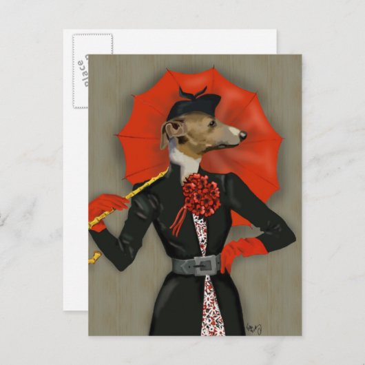 Elegant Greyhound en Red Umbrella Briefkaart (Voorkant / Achterkant)