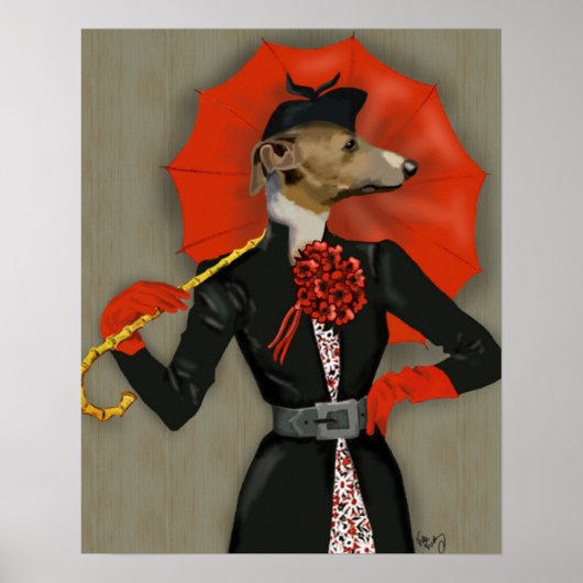 Elegant Greyhound en Red Umbrella Poster (Voorkant)