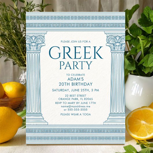 Elegant Grieks verjaardagsfeest met blauwe zuilen Briefkaart