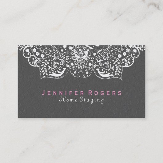 Elegant grijs damasks wit  kant 2c visitekaartje (Voorkant)