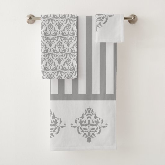 Elegant Grijs Damast Eenvoudig Stripe Patroon Bad Handdoek (Insitu)