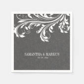 Elegant grijs damast en wit  kant servetten (Voorkant)