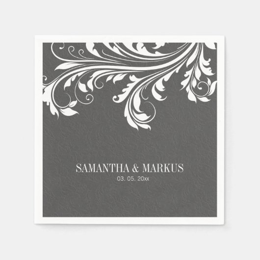 Elegant grijs damast en wit  kant servetten (Voorkant)