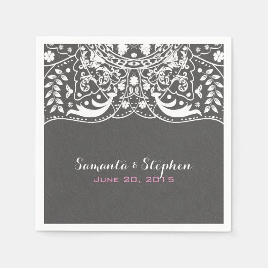 Elegant grijs damast wit  kant servetten (Voorkant)