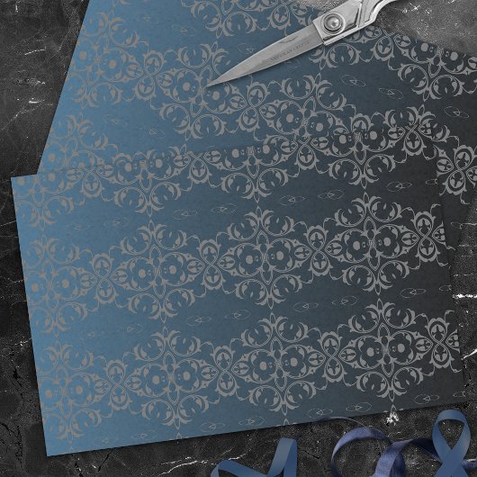 Elegant grijs en blauw metallisch Damaspatroon Tissuepapier
