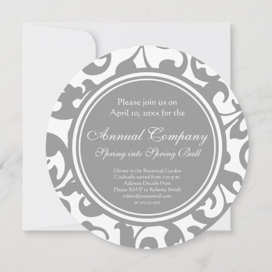 Elegant grijs en White Damask Scroll Monogram Kaart (Achterkant)