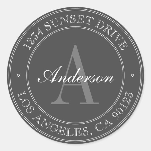 Elegant grijs en wit monogram adres ronde sticker (Voorkant)
