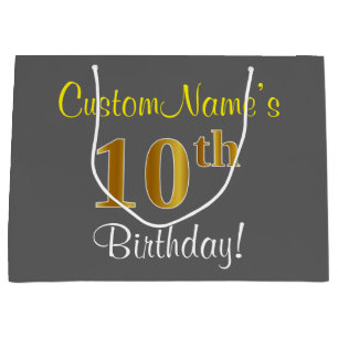 Elegant, grijs, Faux Gold 10th Birthday + naam Large Cadeautasje