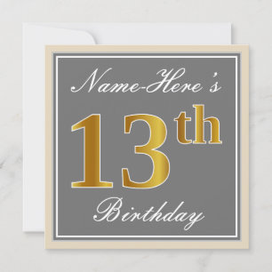 Elegant, grijs, Faux Gold 13th Birthday + naam Kaart