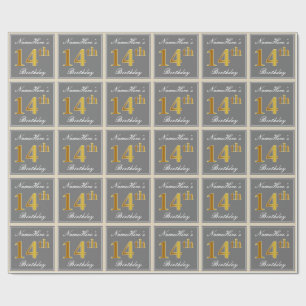Elegant, grijs, Faux Gold 14e verjaardag + naam Cadeaupapier