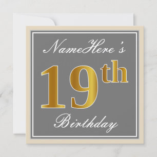 Elegant, grijs, Faux Gold 19th Birthday + naam Kaart