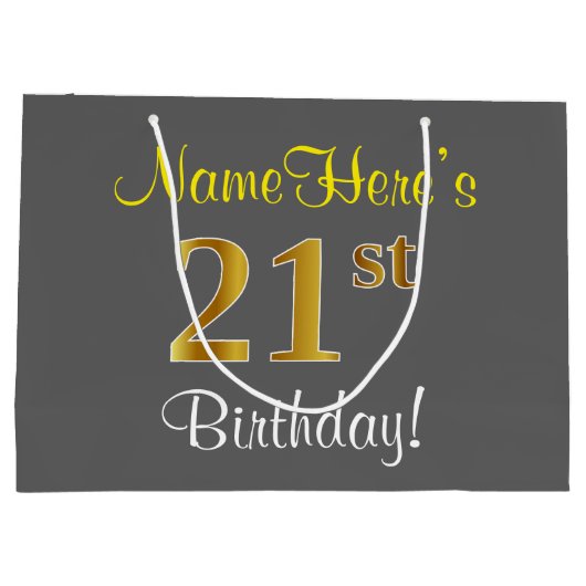 Elegant, grijs, Faux Gold 21st Birthday + naam Groot Cadeauzakje (Achterkant)
