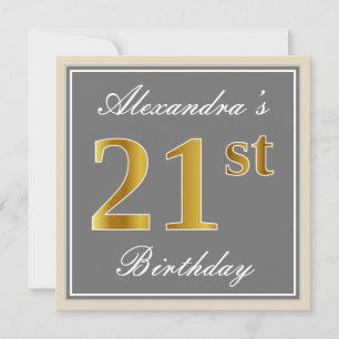 Elegant, grijs, Faux Gold 21st Birthday + naam Kaart