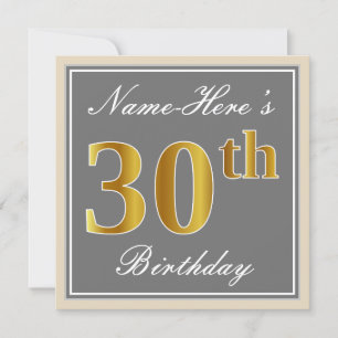 Elegant, grijs, Faux Gold 30th Birthday + naam Kaart