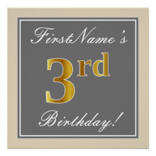 Elegant, grijs, Faux Gold 3rd Birthday; aangepaste Perfect Poster