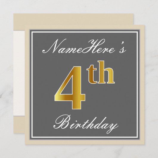 Elegant, grijs, Faux Gold 4th Birthday; aangepaste Kaart (Voorkant / Achterkant)
