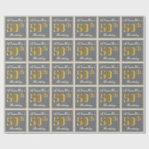 Elegant, grijs, Faux Gold 50th Birthday + naam Cadeaupapier