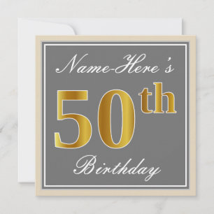 Elegant, grijs, Faux Gold 50th Birthday + naam Kaart