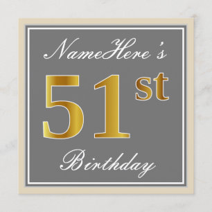 Elegant, grijs, Faux Gold 51st Birthday + naam Kaart