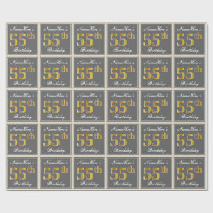 Elegant, grijs, Faux Gold 55th Birthday + naam Cadeaupapier