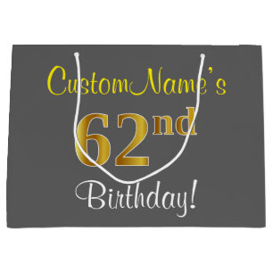 Elegant, grijs, Faux Gold 62e verjaardag + naam Groot Cadeauzakje
