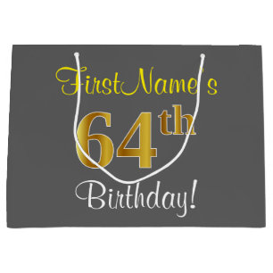 Elegant, grijs, Faux Gold 64th Birthday + naam Groot Cadeauzakje