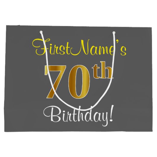Elegant, grijs, Faux Gold 70th Birthday + naam Large Cadeautasje (Achterkant)