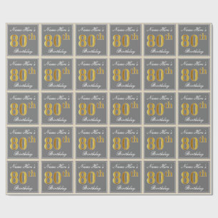 Elegant, grijs, Faux Gold 80th Birthday + naam Cadeaupapier