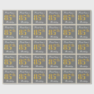 Elegant, grijs, Faux Gold 85th Birthday + naam Cadeaupapier
