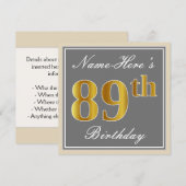 Elegant, grijs, Faux Gold 89th Birthday + naam Kaart (Voorkant / Achterkant)