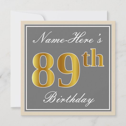 Elegant, grijs, Faux Gold 89th Birthday + naam Kaart (Voorkant)