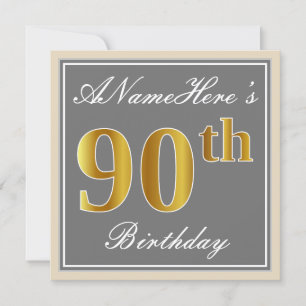Elegant, grijs, Faux Gold 90th Birthday + naam Kaart