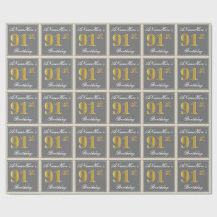 Elegant, grijs, Faux Gold 91st Birthday + naam Cadeaupapier