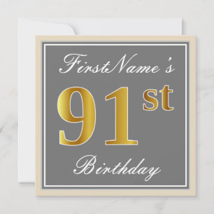 Elegant, grijs, Faux Gold 91st Birthday + naam Kaart
