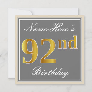 Elegant, grijs, Faux Gold 92nd Birthday + naam Kaart
