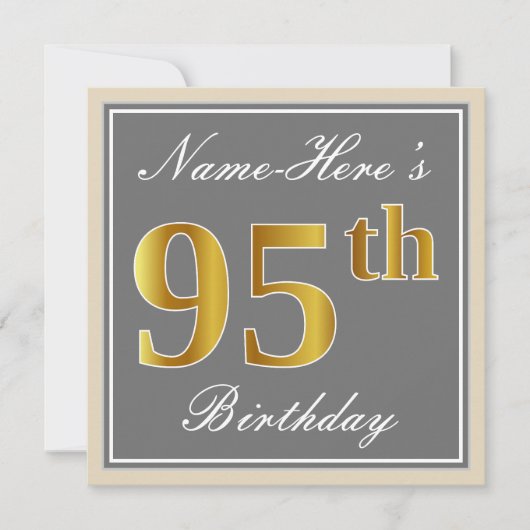 Elegant, grijs, Faux Gold 95th Birthday + naam Kaart (Voorkant)