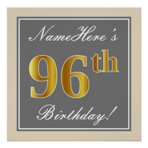 Elegant, grijs, Faux Gold 96th Birthday + naam Perfect Poster