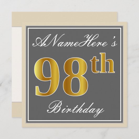 Elegant, grijs, Faux Gold 98th Birthday + naam Kaart (Voorkant / Achterkant)