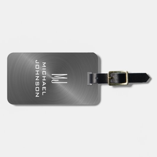 Elegant grijs geborsteld metallisch monogrammen In Bagagelabel (Voorkant horizontaal)