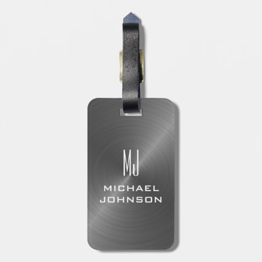 Elegant grijs geborsteld metallisch monogrammen In Bagagelabel (Achterkant verticaal)