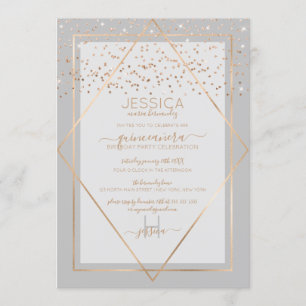 Elegant grijs goud Confetti Border Quinceañera Kaart