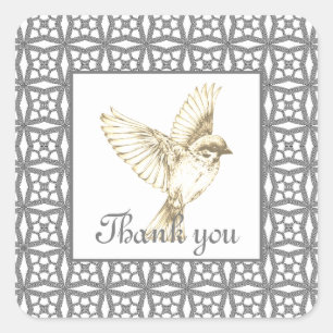 Elegant grijs kanten patroon met vogel vierkante sticker