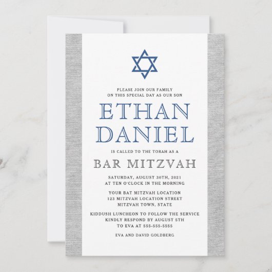 Elegant grijs linnen blauw Ster van David bar mits Kaart (Voorkant)