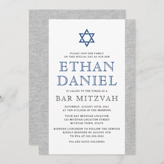 Elegant grijs linnen blauw Ster van David bar mits Kaart (Voorkant / Achterkant)