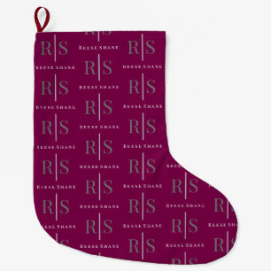 Elegant grijs monogram & witte naam, bordeauxrood grote kerstsok