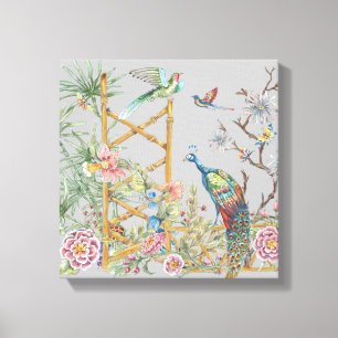 Elegant Grijs Tropisch Peacock Aziatisch Bloemen Canvas Afdruk