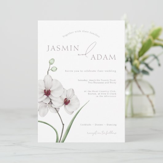 Elegant Grijs Wit Orchideeën Initialen Bloemenbrui Kaart (Staand voorkant)