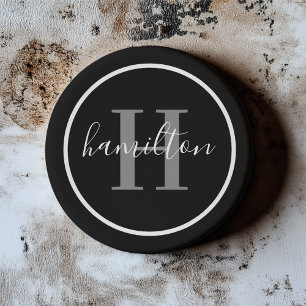 Elegant Grijs Zwart Rond Monogram Donker Zandsteen Onderzetter