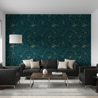 Elegant grillig gouden bloemmotief Donker Blauwgro Behang
